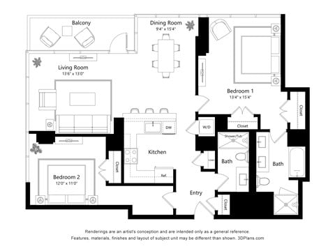 Floor plan for 2 beds, 2 baths, 1250 sqft